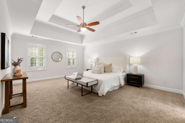 2903 Ashebrooke Dr NE, Marietta, GA 30068 - carpeted bedroom with a tray ceiling, crown molding, baseboards, and ceiling fan