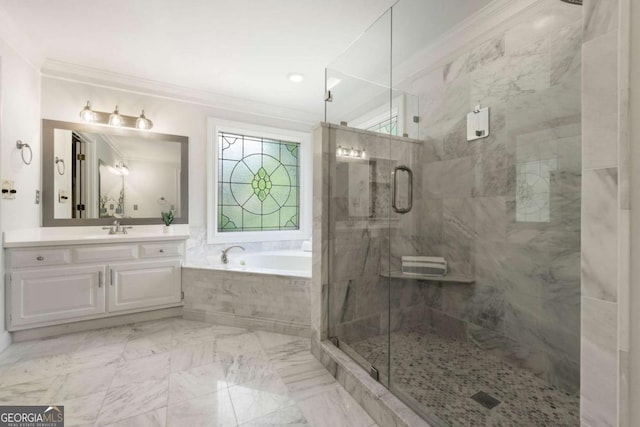 2903 Ashebrooke Dr NE, Marietta, GA 30068 - bathroom with crown molding, a bath, vanity, and a shower stall