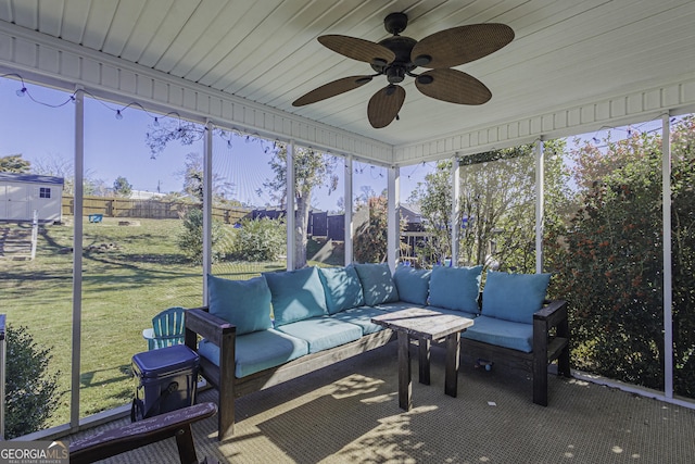 74 Hollis Hts, Newnan, GA 30263 - sunroom with an outdoor hangout area and a ceiling fan