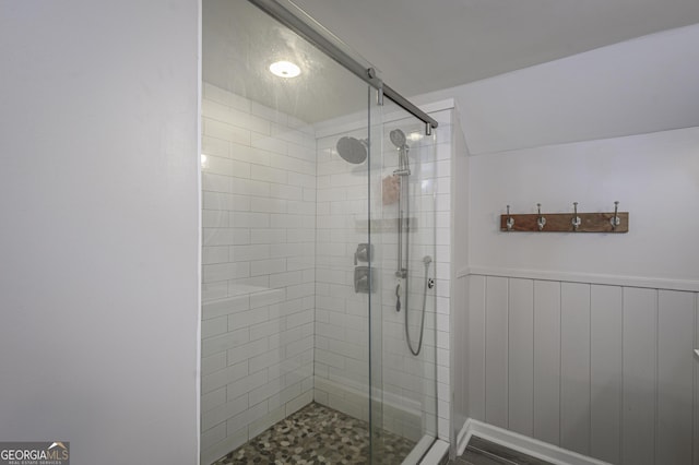 74 Hollis Hts, Newnan, GA 30263 - bathroom with a stall shower and wainscoting