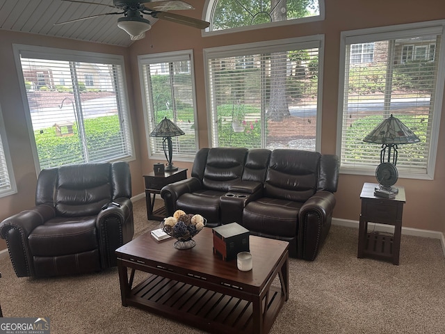 2191 SW Rockbridge Rd Unit 2603, Stone Mountain, GA 30087 - carpeted living room with ceiling fan, baseboards, and lofted ceiling