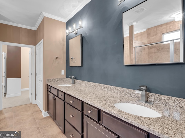 302 Burberry Ct, Griffin, GA 30223 - full bath featuring double vanity, ornamental molding, tiled shower, and baseboards