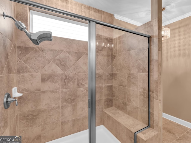 302 Burberry Ct, Griffin, GA 30223 - full bathroom featuring tiled shower, ornamental molding, and a chandelier