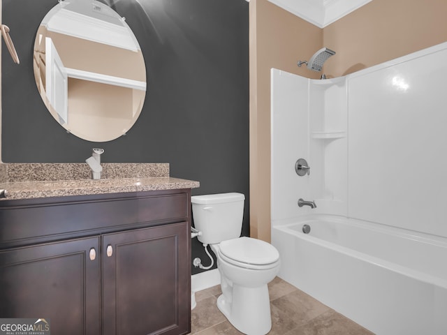 302 Burberry Ct, Griffin, GA 30223 - full bath with toilet, vanity, tub / shower combination, crown molding, and tile patterned flooring