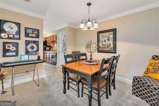 2510 Demere Rd Unit 7, Saint Simons, GA 31522 - dining space featuring a chandelier, crown molding, baseboards, and light colored carpet