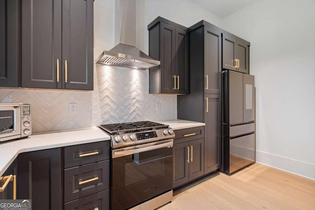 245 Traditions Dr, Alpharetta, GA 30004 - kitchen featuring wall chimney exhaust hood, stainless steel range with gas cooktop, high end refrigerator, and light countertops