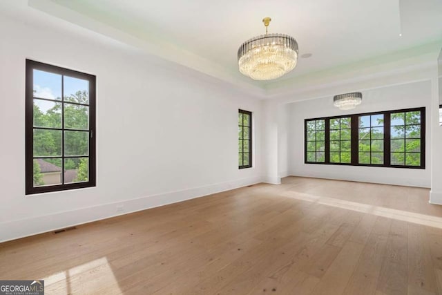 245 Traditions Dr, Alpharetta, GA 30004 - spare room with a chandelier, a tray ceiling, plenty of natural light, and light wood-style flooring