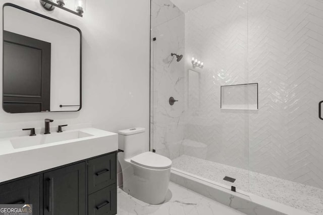 245 Traditions Dr, Alpharetta, GA 30004 - bathroom featuring vanity, a marble finish shower, and marble finish flooring