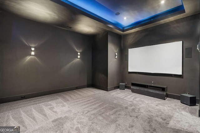 245 Traditions Dr, Alpharetta, GA 30004 - home theater room with a tray ceiling and carpet