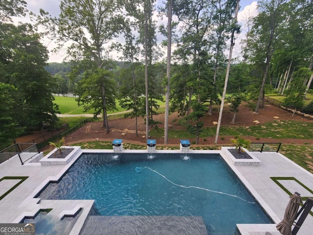 245 Traditions Dr, Alpharetta, GA 30004 - swimming pool with view of wooded area and a patio