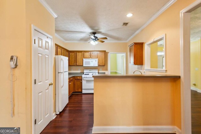 99 Rainwater Ln, Dallas, GA 30157 - kitchen with white appliances, ceiling fan, ornamental molding, dark wood finished floors, and a peninsula