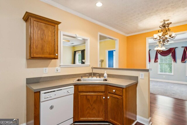 99 Rainwater Ln, Dallas, GA 30157 - kitchen with dishwasher, brown cabinets, a chandelier, wood finished floors, and ornamental molding
