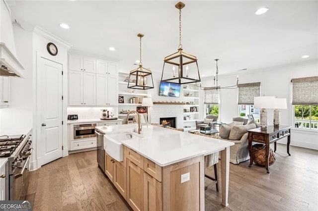 1057 Crossroads Trl, Milton, GA 30004 - kitchen with stainless steel stove, light wood-type flooring, recessed lighting, premium range hood, and ornamental molding