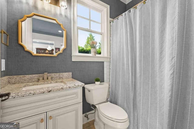 15815 Winterfield Way, Alpharetta, GA 30004 - bathroom with vanity and wallpapered walls