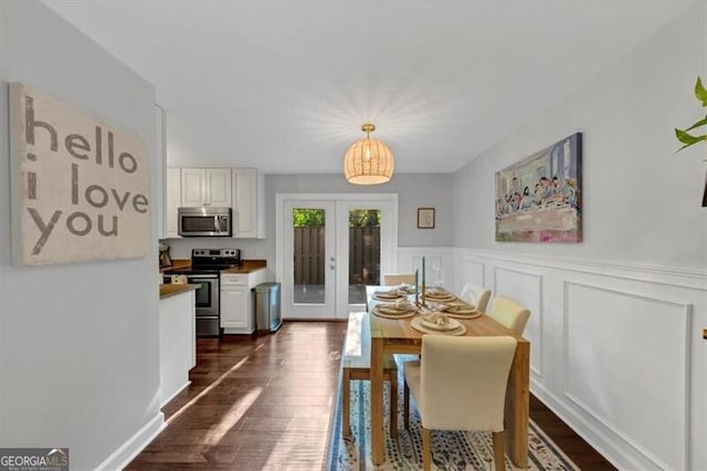 2 Arpege Way NW, Atlanta, GA 30327 - dining room with french doors, dark wood-style floors, and wainscoting