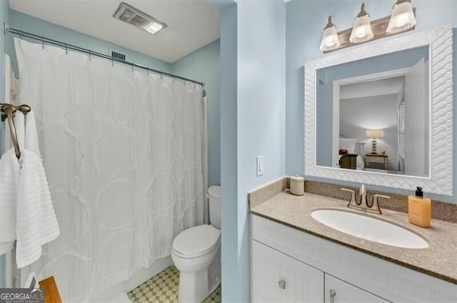 2 Arpege Way NW, Atlanta, GA 30327 - bathroom with toilet, vanity, a shower with curtain, and tile patterned floors