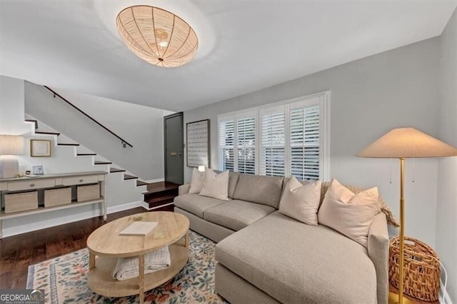 2 Arpege Way NW, Atlanta, GA 30327 - living room with stairway, wood finished floors, and baseboards