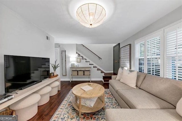2 Arpege Way NW, Atlanta, GA 30327 - living area featuring stairway, wood finished floors, and baseboards