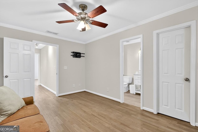 5037 Laurel Springs Way SE, Smyrna, GA 30082 - unfurnished living room with light wood-style flooring, crown molding, baseboards, and a ceiling fan