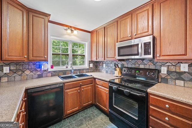 2958 Paul Harris Rd, Dallas, GA 30157 - kitchen with black appliances, ornamental molding, brown cabinets, light countertops, and decorative backsplash