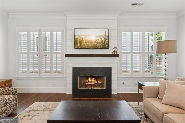5971 Brundage Ln, Norcross, GA 30071 - living area featuring crown molding, wood finished floors, and a large fireplace