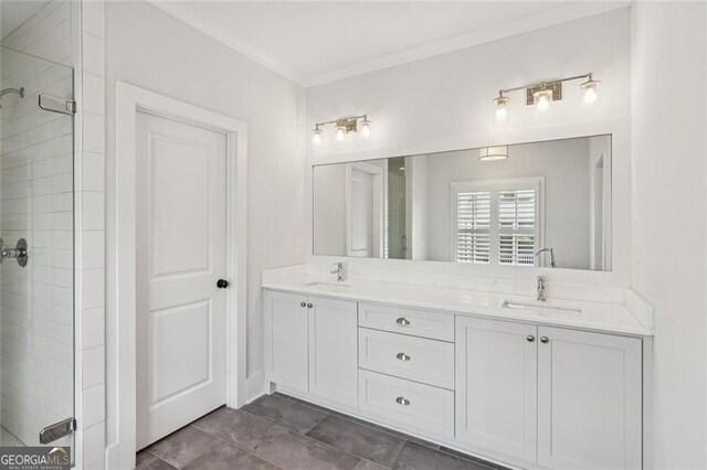 5971 Brundage Ln, Norcross, GA 30071 - bathroom featuring a shower stall, double vanity, crown molding, and tile patterned floors