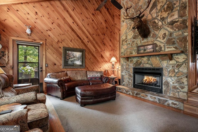 371 Little Rock Creek Ct, Cherry Log, GA 30522 - living room with a fireplace and wooden walls