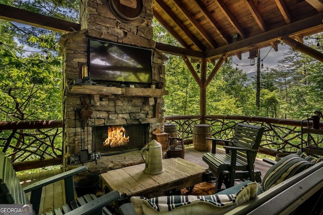 371 Little Rock Creek Ct, Cherry Log, GA 30522 - wooden deck featuring a stone fireplace