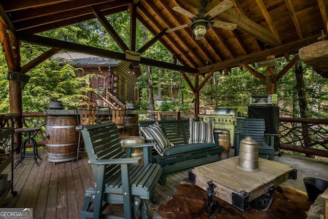 371 Little Rock Creek Ct, Cherry Log, GA 30522 - deck featuring ceiling fan, a grill, and a gazebo