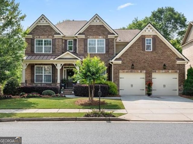 2680 Augeron Ct, Alpharetta, GA 30004 - craftsman house featuring driveway, a front yard, brick siding, a porch, and a garage