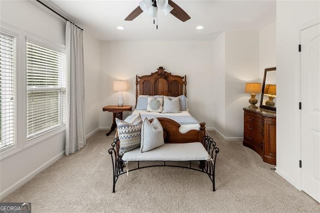 2680 Augeron Ct, Alpharetta, GA 30004 - bedroom with light carpet, ceiling fan, and recessed lighting