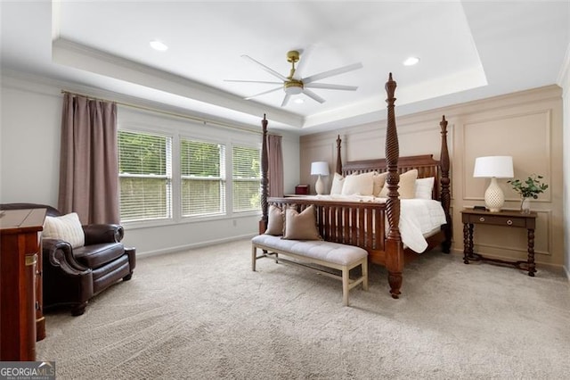 2680 Augeron Ct, Alpharetta, GA 30004 - bedroom with a raised ceiling, light carpet, ornamental molding, a ceiling fan, and recessed lighting