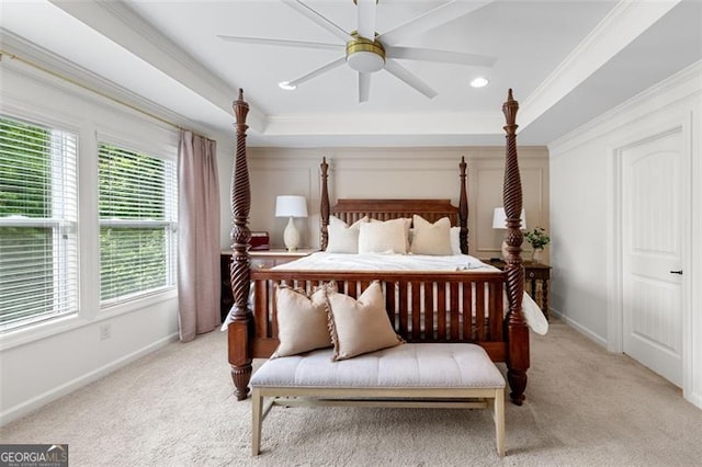2680 Augeron Ct, Alpharetta, GA 30004 - bedroom featuring light carpet, ornamental molding, ceiling fan, and a tray ceiling