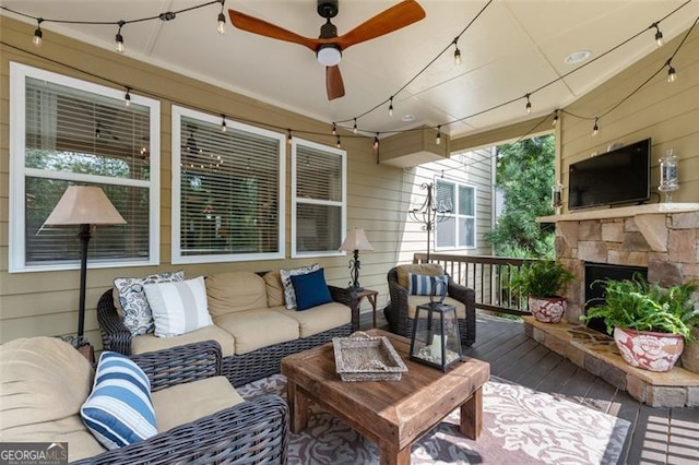 2680 Augeron Ct, Alpharetta, GA 30004 - deck featuring an outdoor living space with a fireplace and a ceiling fan