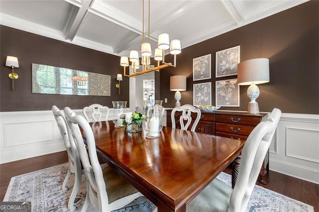 2680 Augeron Ct, Alpharetta, GA 30004 - dining space with wood finished floors, coffered ceiling, a chandelier, beamed ceiling, and wainscoting