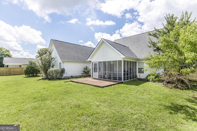 76 Duke Ln, Kathleen, GA 31047 - rear view of property with a sunroom, roof with shingles, and a deck