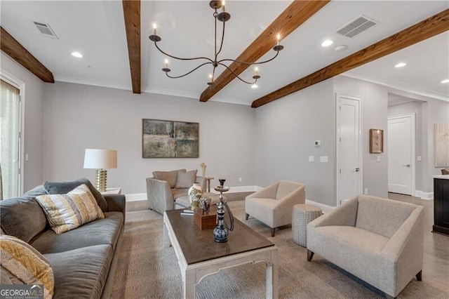 6445 Lucent Ln, Atlanta, GA 30328 - living room with beam ceiling, recessed lighting, baseboards, and a chandelier