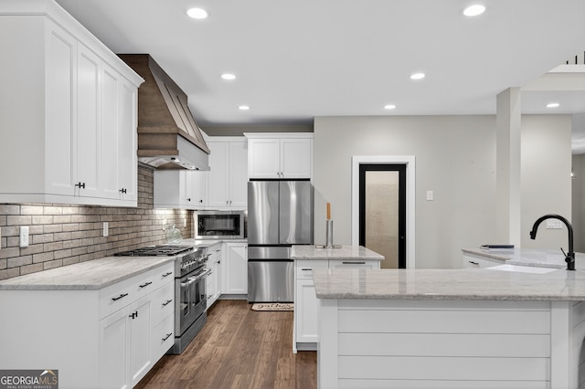 57 Clear Creek Valley Dr Unit 8A, Ellijay, GA 30536 - kitchen featuring stainless steel appliances, custom range hood, an island with sink, a sink, and recessed lighting