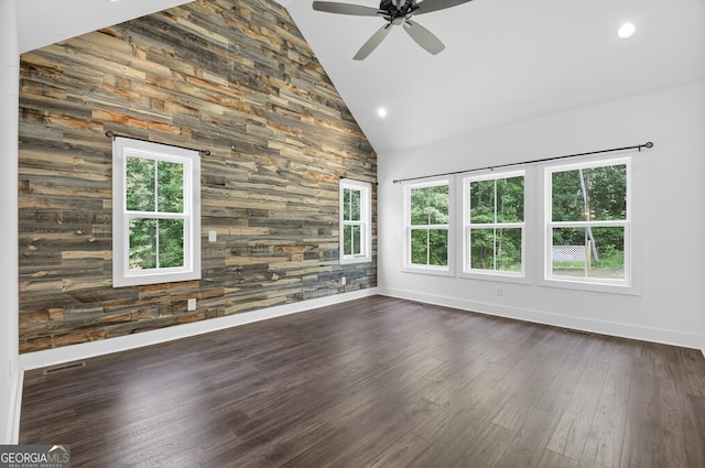 57 Clear Creek Valley Dr Unit 8A, Ellijay, GA 30536 - empty room with high vaulted ceiling, a ceiling fan, baseboards, dark wood-style floors, and recessed lighting