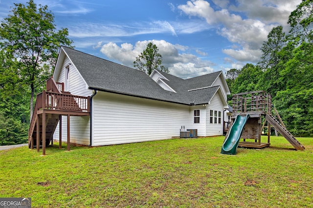 57 Clear Creek Valley Dr Unit 8A, Ellijay, GA 30536 - back of house with a playground, stairway, a lawn, a wooden deck, and central air condition unit