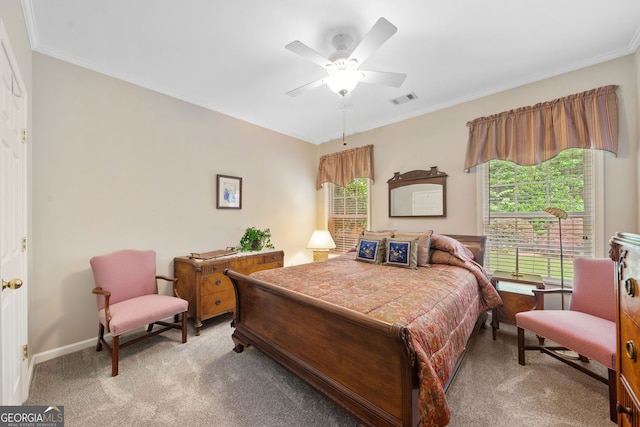 3633 Gilpin Ct, Lawren, GA 30044 - bedroom with light carpet, ornamental molding, ceiling fan, and baseboards