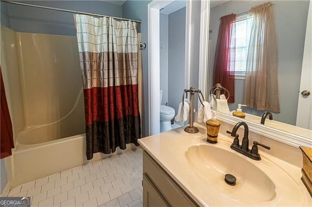 2050 Lyda Ln, Loganville, GA 30052 - bathroom featuring vanity, toilet, and shower / tub combo with curtain