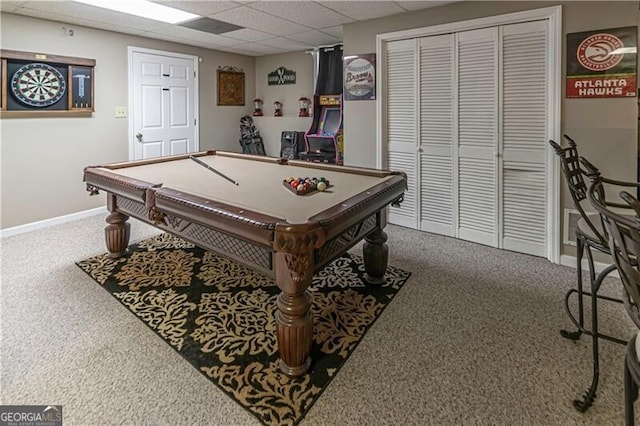 2050 Lyda Ln, Loganville, GA 30052 - recreation room with carpet, baseboards, billiards, and a drop ceiling