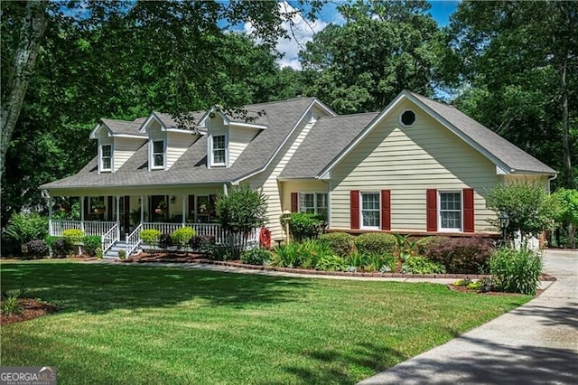 2050 Lyda Ln, Loganville, GA 30052 - new england style home featuring a front lawn, covered porch, and roof with shingles