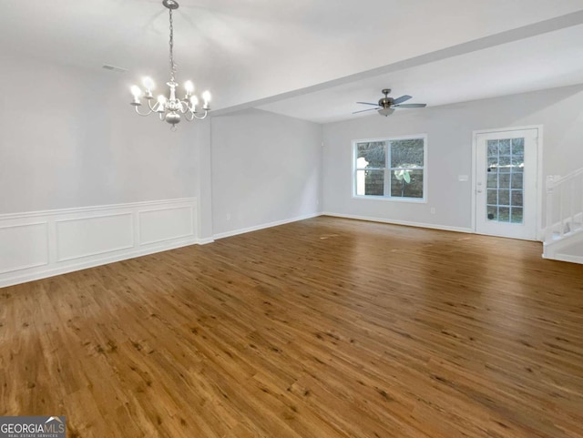 2555 Flat Shoals Rd Unit 3405, Atlanta, GA 30349 - unfurnished room with a chandelier, wood finished floors, stairs, and a ceiling fan