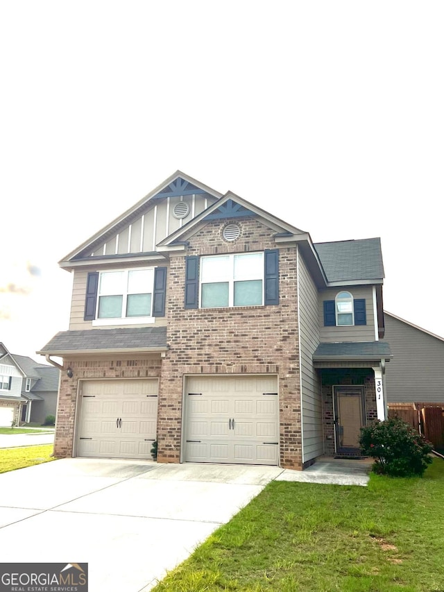 301 Leland Ct, Mcdonough, GA 30253 - view of front facade featuring brick siding, an attached garage, concrete driveway, and a front lawn