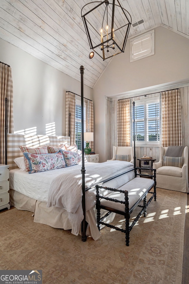 3315 Chandler Rd, Good Hope, GA 30641 - bedroom featuring multiple windows, a chandelier, wood ceiling, and high vaulted ceiling
