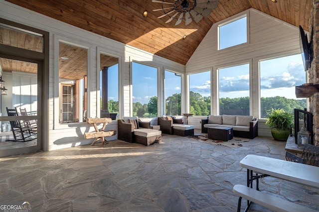 3315 Chandler Rd, Good Hope, GA 30641 - sunroom / solarium with stone floors, wooden ceiling, and high vaulted ceiling