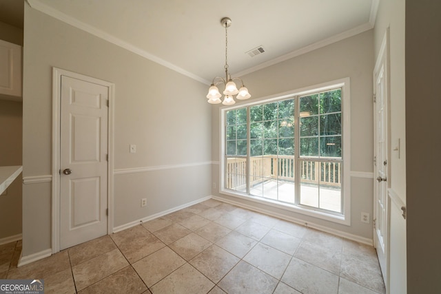70 Sylvia Cir, Covington, GA 30016 - unfurnished dining area featuring a chandelier, ornamental molding, baseboards, and light tile patterned floors