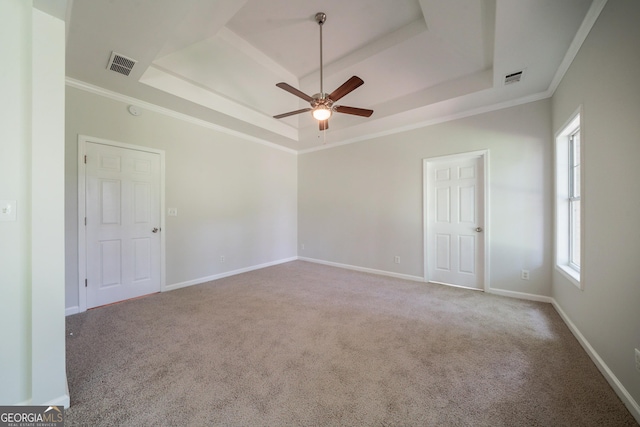 70 Sylvia Cir, Covington, GA 30016 - carpeted empty room with a raised ceiling, ceiling fan, ornamental molding, and baseboards
